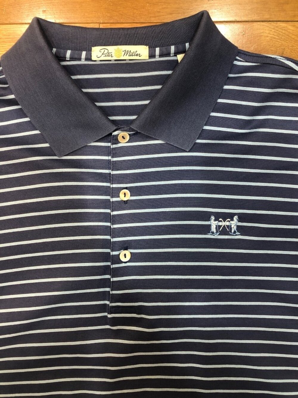 Peter Millar Double Mercerized Cotton Blue Striped Short Sleeve Polo Shirt Sz L